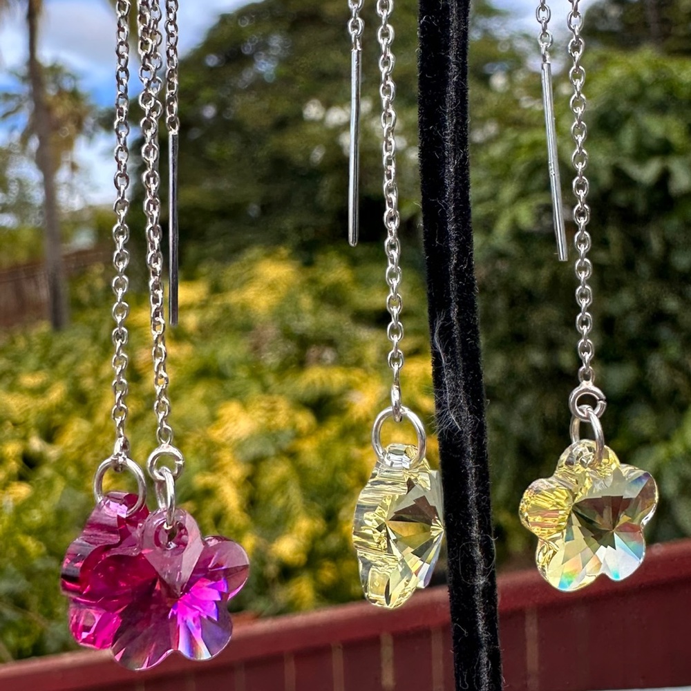 Handmade Plumeria Flower Swarovski Sterling Silver Threader Earrings - Picture 8 of 11